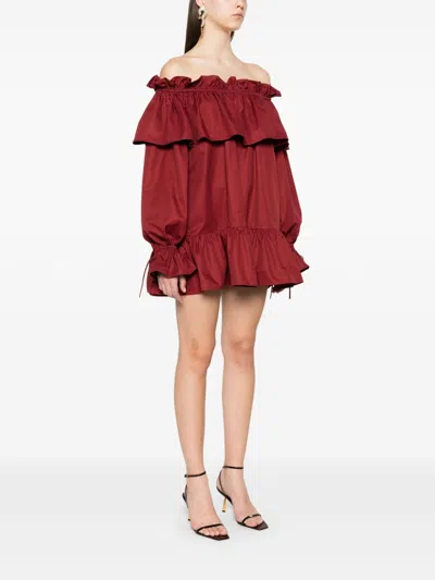 Saint Laurent Off-the-shoulder Ruffled Cotton-twill Mini Dress In Red