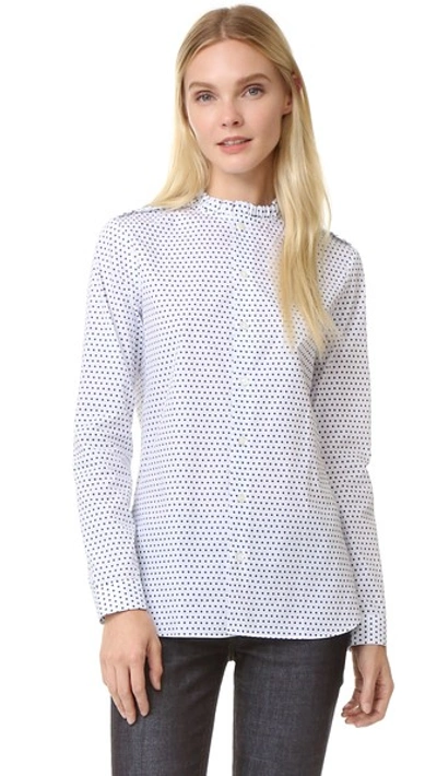 Shop Marie Marot Diana Frilly Collar Shirt In Navy/white Polka Dot