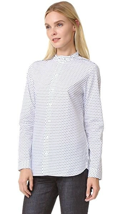 Shop Marie Marot Diana Frilly Collar Shirt In Navy/white Polka Dot