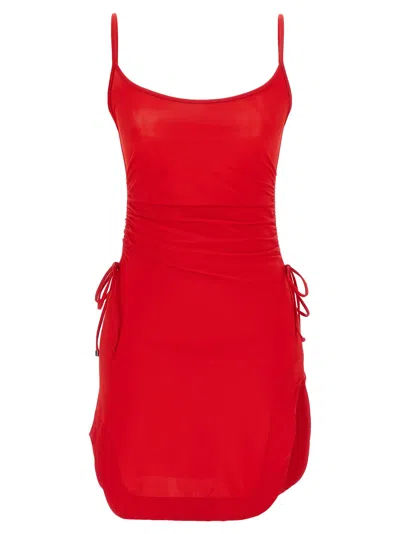 Attico Mini Length Ruched Detailing Side Slit Strappy Beach Cover Up In Red