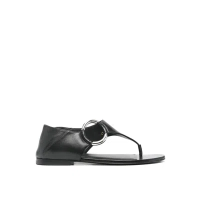 Saint Laurent Ring Leather Flat Sandals In Black