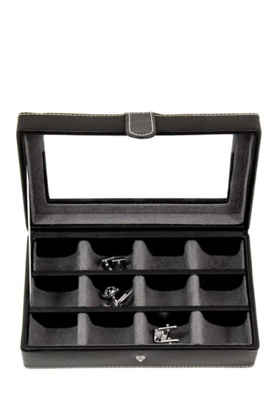 Bey-berk Black Leather Rectangular Window 12 Cufflink Box