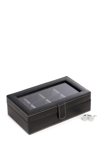 Bey-berk Black Leather Rectangular Window 12 Cufflink Box