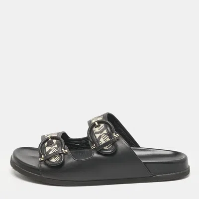 Pre-owned Ferragamo Black/off White Logo Print Fabric And Leather Gairo T Flat Slides Size 39.5