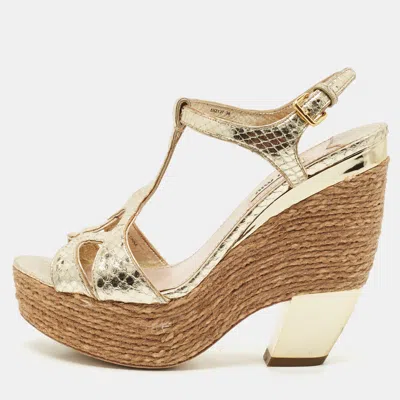 Pre-owned Miu Miu Gold Snakeskin Embossed Patent Leather Cut Out Platform Sandals Size 38