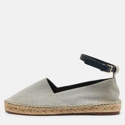 Pre-owned Celine White/navy Blue Canvas Ankle Strap Espadrille Flats Size 38