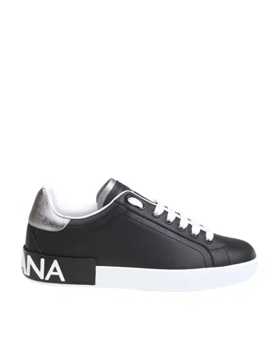 Dolce & Gabbana Portofino Sneakers In Black Leather With Silver Inserts