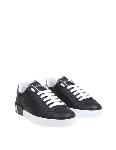 Dolce & Gabbana Portofino Sneakers In Black Leather With Silver Inserts