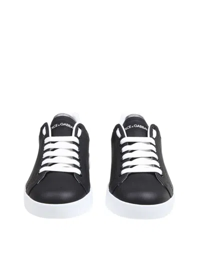 Dolce & Gabbana Portofino Sneakers In Black Leather With Silver Inserts