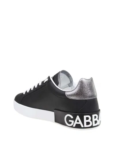 Dolce & Gabbana Portofino Sneakers In Black Leather With Silver Inserts
