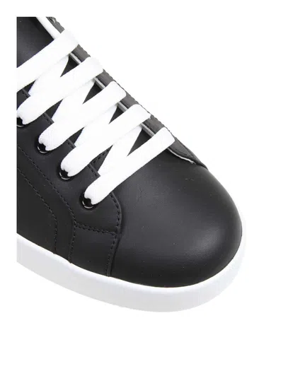 Dolce & Gabbana Portofino Sneakers In Black Leather With Silver Inserts