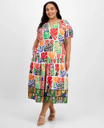 Julia Jordan Plus Size Puff-sleeve Printed Midi Dress In Multi