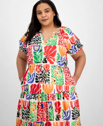 Julia Jordan Plus Size Puff-sleeve Printed Midi Dress In Multi