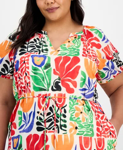 Julia Jordan Plus Size Puff-sleeve Printed Midi Dress In Multi