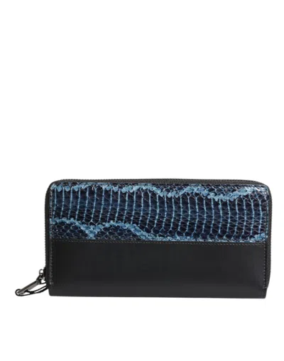 Pre-owned Dolce & Gabbana Black Blue Exotic Leather Embossed Continental Men's Wallet ()