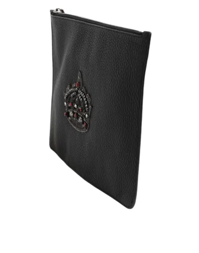 Dolce & Gabbana Black Calfskin Crown Embellished Clutch Pouch Men's Bag