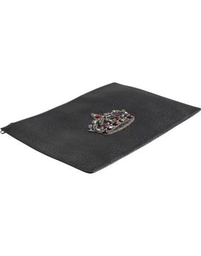 Dolce & Gabbana Black Calfskin Crown Embellished Clutch Pouch Men's Bag