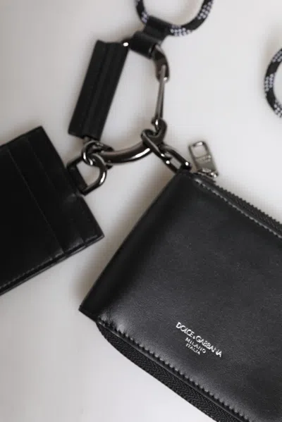 Dolce & Gabbana Black Leather Lanyard Zip Around Card Holder Men's Wallet