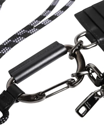 Dolce & Gabbana Black Leather Lanyard Zip Around Card Holder Men's Wallet
