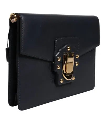 Pre-owned Dolce & Gabbana Black Leather Logo Gold Crossbody Purse Women's Bag ()