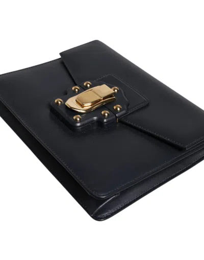 Pre-owned Dolce & Gabbana Black Leather Logo Gold Crossbody Purse Women's Bag ()