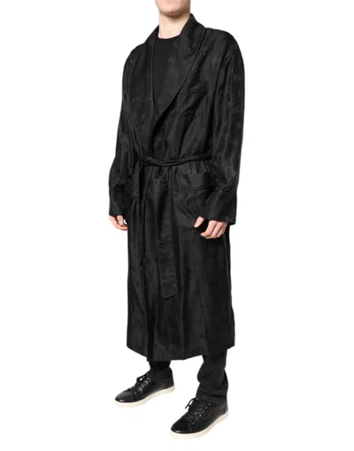 Dolce & Gabbana Black Silk Dg Logo Men Wrap Robe Coat Jacket In Black