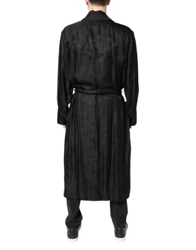 Dolce & Gabbana Black Silk Dg Logo Men Wrap Robe Coat Jacket In Black
