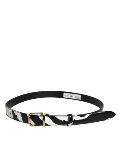Pre-owned Dolce & Gabbana Black White Zebra Gold Metal Logo Buckle Men's Belt ()