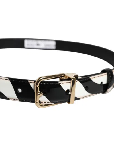 Pre-owned Dolce & Gabbana Black White Zebra Gold Metal Logo Buckle Men's Belt ()