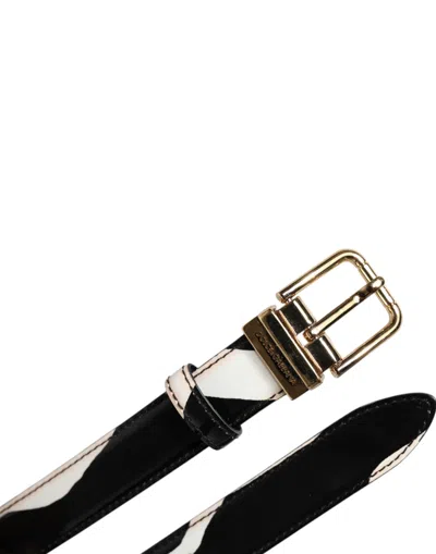 Pre-owned Dolce & Gabbana Black White Zebra Gold Metal Logo Buckle Men's Belt ()