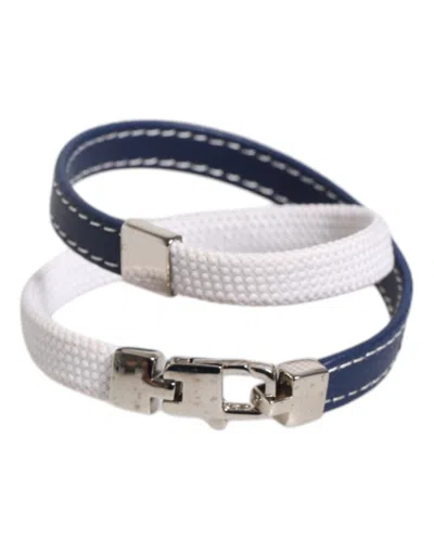 Pre-owned Dolce & Gabbana Blue White Leather Trimmed Dg Engraved Silver Tone Clasp Women's Bracelet (