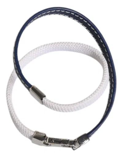 Pre-owned Dolce & Gabbana Blue White Leather Trimmed Dg Engraved Silver Tone Clasp Women's Bracelet (