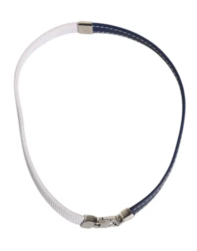 Pre-owned Dolce & Gabbana Blue White Leather Trimmed Dg Engraved Silver Tone Clasp Women's Bracelet (