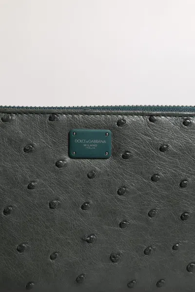 Dolce & Gabbana Green Ostrich Logo Plaque Zip Around Continental Men's Wallet