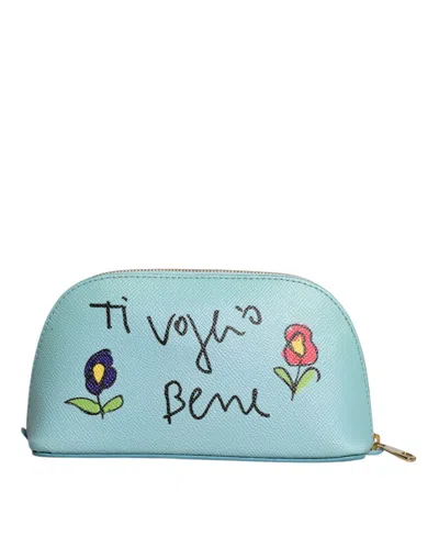 Pre-owned Dolce & Gabbana Light Blue Leather Handwomen's Clutch Mini Purse Pouch Women's Bag ()