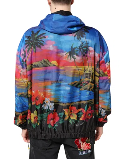 Dolce & Gabbana Multicolor Print Hooded Windbreaker Jacket In Blue