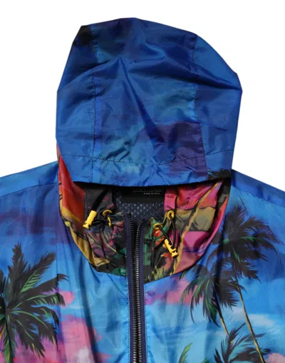 Dolce & Gabbana Multicolor Print Hooded Windbreaker Jacket In Blue