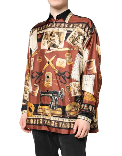 Dolce & Gabbana Multicolor Tailor Print Silk Casual Shirt In Brown