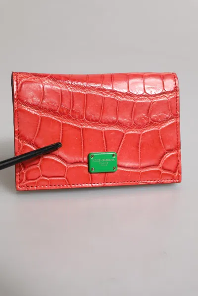 Pre-owned Dolce & Gabbana Red Exotic Leather Logo Plaque Card Holder Women's Wallet ()