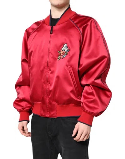 Pre-owned Dolce & Gabbana Red Floral Patch Full Zip Men Bomber Men's Jacket ()