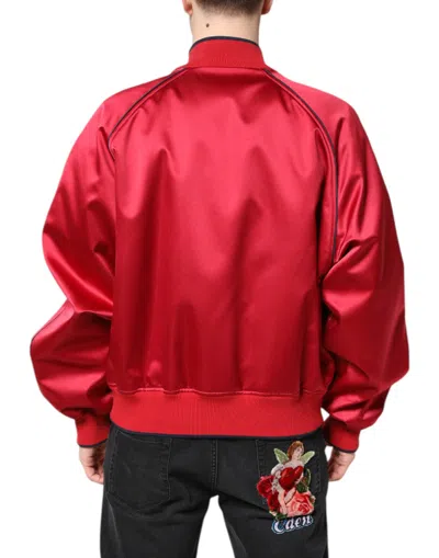 Pre-owned Dolce & Gabbana Red Floral Patch Full Zip Men Bomber Men's Jacket ()
