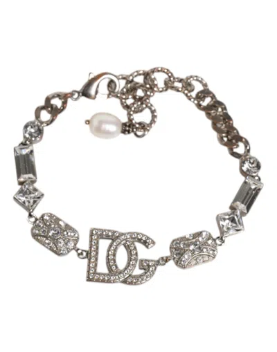 Pre-owned Dolce & Gabbana Silver Brass Crystal Dg Logo Charm Embellished Women's Bracelet ()