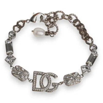 Pre-owned Dolce & Gabbana Silver Brass Crystal Dg Logo Charm Embellished Women's Bracelet ()