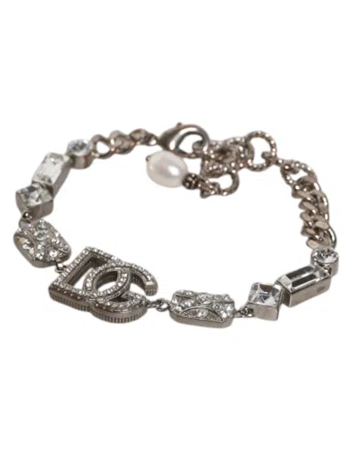Pre-owned Dolce & Gabbana Silver Brass Crystal Dg Logo Charm Embellished Women's Bracelet ()