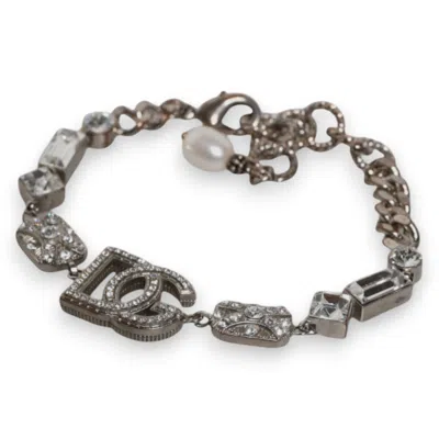 Pre-owned Dolce & Gabbana Silver Brass Crystal Dg Logo Charm Embellished Women's Bracelet ()
