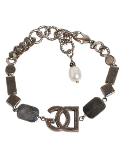 Pre-owned Dolce & Gabbana Silver Brass Crystal Dg Logo Charm Embellished Women's Bracelet ()