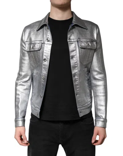 Pre-owned Dolce & Gabbana Silver Cotton Button Down Denim Biker Men's Jacket ()