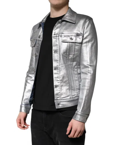 Pre-owned Dolce & Gabbana Silver Cotton Button Down Denim Biker Men's Jacket ()