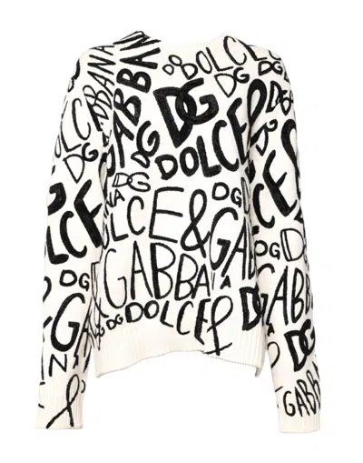 Dolce & Gabbana White Black Logo Print Women Pullover Sweater In White