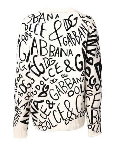 Dolce & Gabbana White Black Logo Print Women Pullover Sweater In White